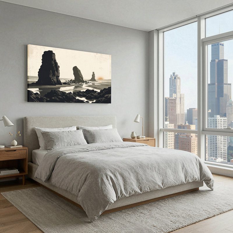 «Dark Sea Stacks at Sunset in Retro Illustration Style», art mural sur toile, L 32 po x H 16 po