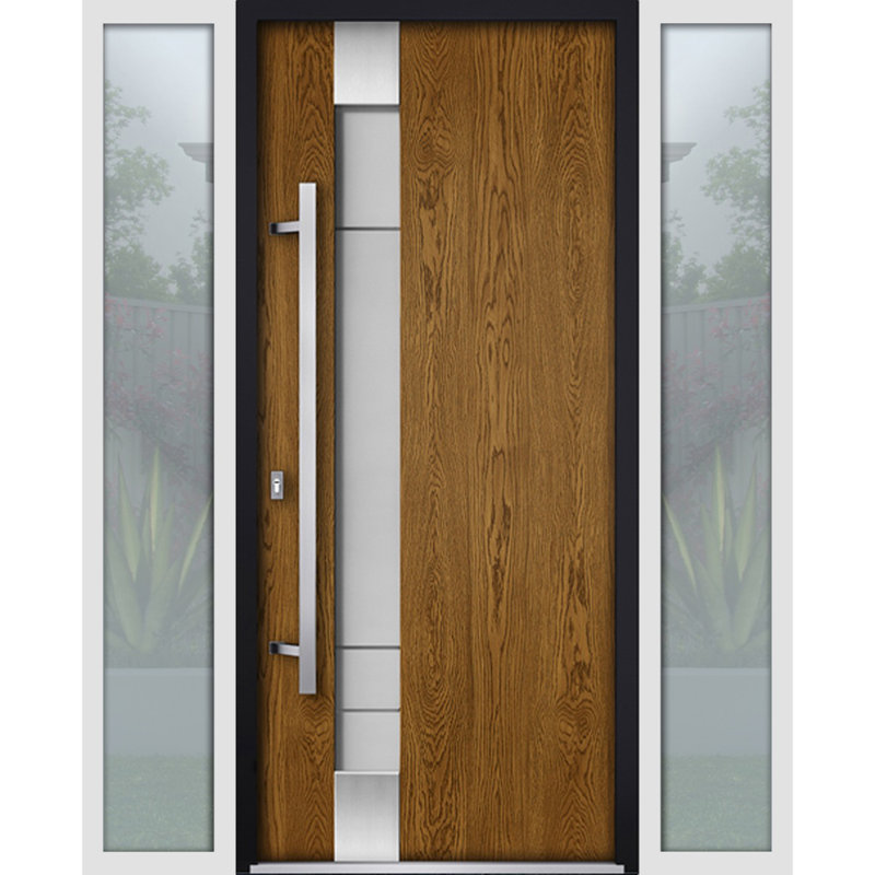Porte d'entrée extérieure prémontée en acier Deux 1713 Chêne naturel, 2 fenêtres latérales blanches, inserts en acier inoxydable, style moderne, peinte, dimensions : L 16 + 36 + 16 x H 80, ouverture à droite vers l'intérieur