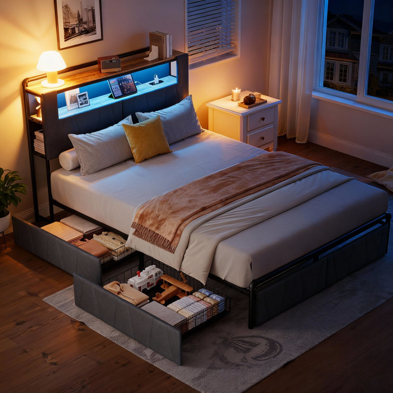 Full Bed Frame with 2-Tier Storage Headboard, Metal Platform Bed Frame with 2 Storage Drawers, Built in Charging Station & LED, Gray