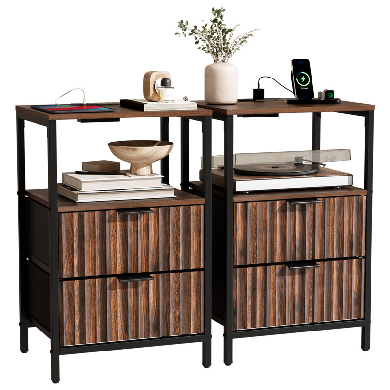15 Inches Wide Odriscoll - 2 Drawers, 1 Shelf, US Power Outlet - Set Of 2, Walnut