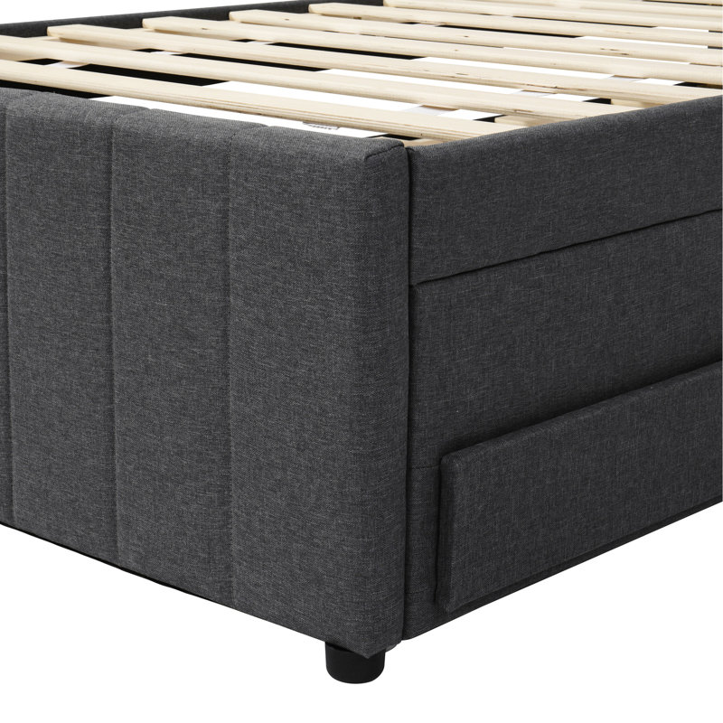 Lit rembourré avec lit gigogne simple et 3 tiroirs en lin gris - Confortable et polyvalent, Lit double