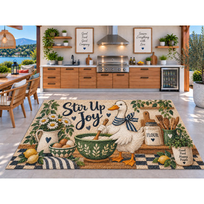 Tapis d'extérieur 152 x 213 cm (5' x 7') style ferme, motif canard et citron, bouclé, imperméable, en PVC épais, séchage rapide, idéal pour la cuisine, le porche, la terrasse ou l'entrée.