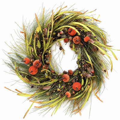 26" Farmhouse Velvet Mini Pumpkin Wild Grass Acorn Pinecone Fall Wreath for Front Door, Round Indoor Harvest Thanksgiving Wall Decor