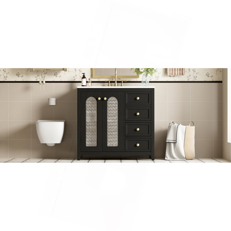Meuble-lavabo de 36 pouces avec deux portes à fermeture douce, des tablettes réglables et trois tiroirs, Noir