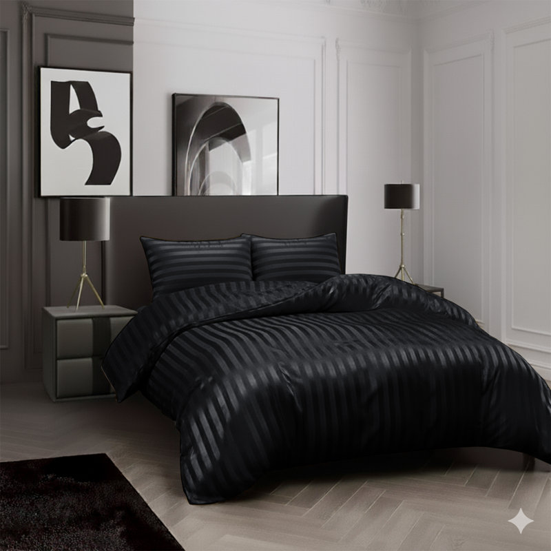Microfiber Striped Duvet Cover Set with Matching Pillowcases and Stripe Fitted Sheet, Black