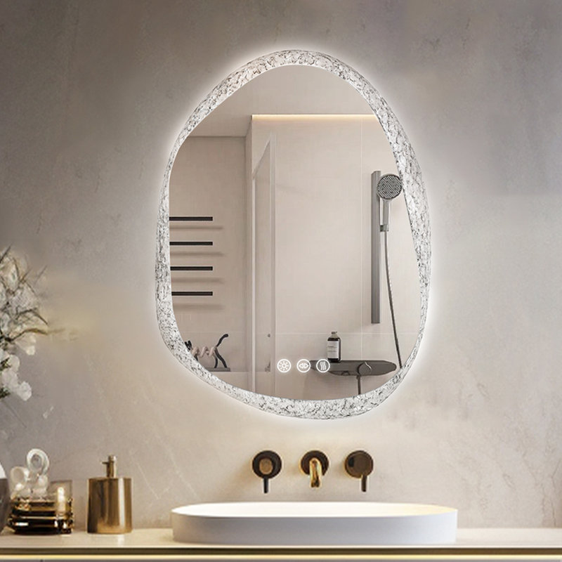 Stylish Stone Border Irregular Led Wall Mirror Bathroom Vanity Mirror With Blaklit 3 Color Temperature Lights Anit-fog Dimmable, 3 Touch Sensor Switch Plug In