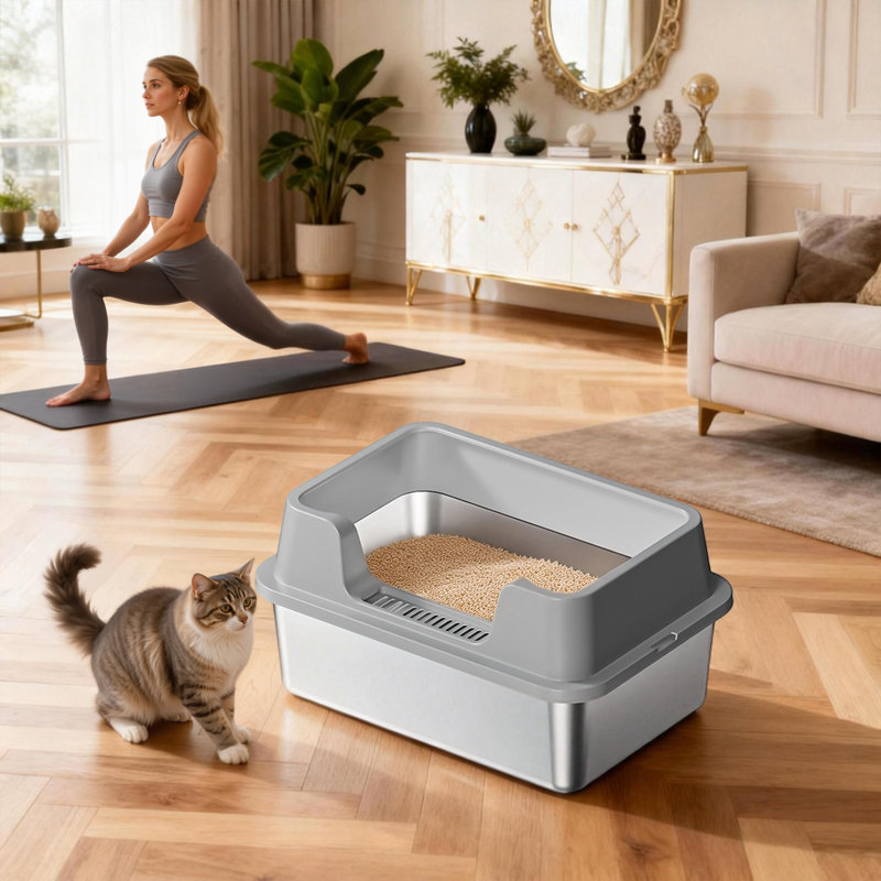 Polyethylene Plastic Litter Box Enclosure, 27cm H x 35cm W x 55cm D, Grey