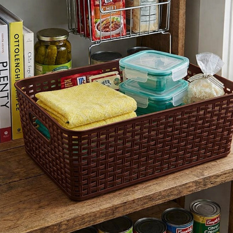 Organisateur de panier de rangement en plastique de style rotin YBM Home, H 15,25 po x l 10 po x P 7,5 po, Brun, 3