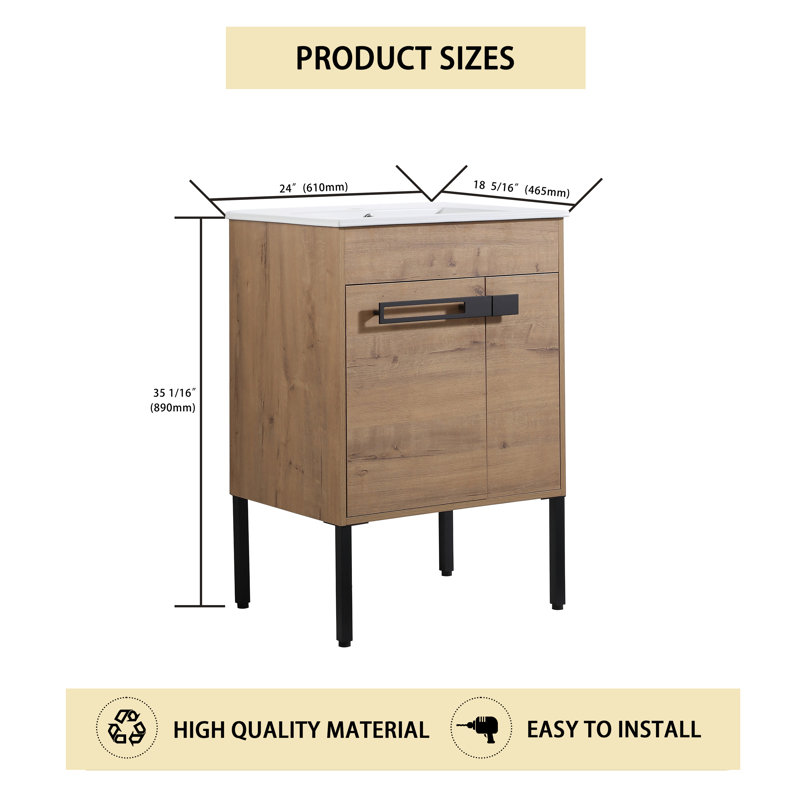 Ensemble de meuble-lavabo simple 24,04 po avec plateau en céramique Keyvan, Naturel, 24"