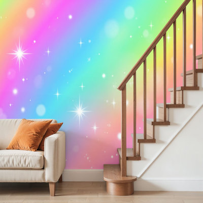 Peel and Stick Wallpaper Wall Mural Colorful Rainbow Gradient Sparkling Glitter Stars Wall Art Self Adhesive and Removable