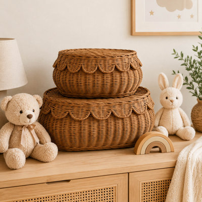 Boho Scalloped Rattan Storage Basket Set of 2, Lids