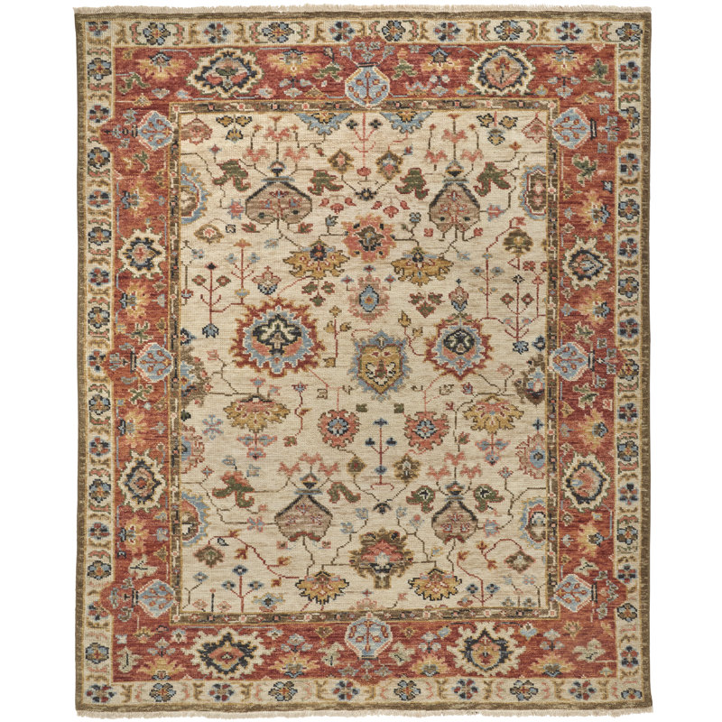 Carrington Hand Knotted Wool Oriental Area Rug in Ivory, Rectangle 9'6" x 13'6"