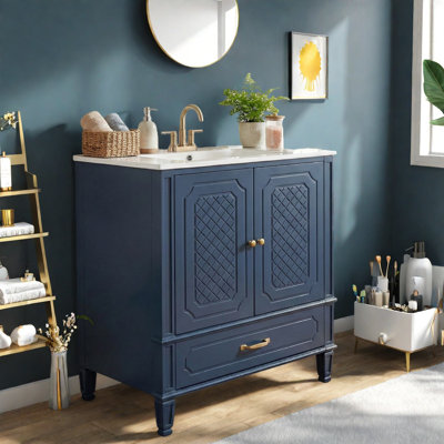 Meuble-lavabo et lavabo peu encombrant, bois d'acacia, bleu rétro