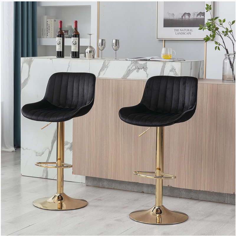 Repose-pieds et base chromés, ensemble de 2 chaises de bar en cuir de velours à hauteur réglable et pieds dorés, noir