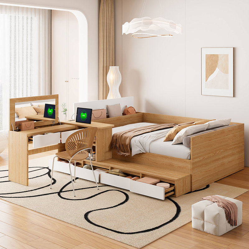 Lit plateforme double en bois avec 6 tiroirs, tablettes et coiffeuse, Naturel 