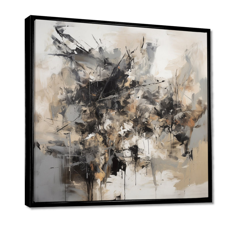 Gris noir intérieur des mondes de marbre III - art mural abstrait géométrique, Cadre flottant noir, 44" H x 44" W
