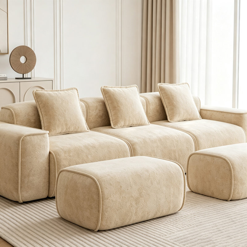 Canapé modulaire en U sans siège avec repose-pieds et sans assemblage, 3 places et 2 repose-pieds, Chameau clair