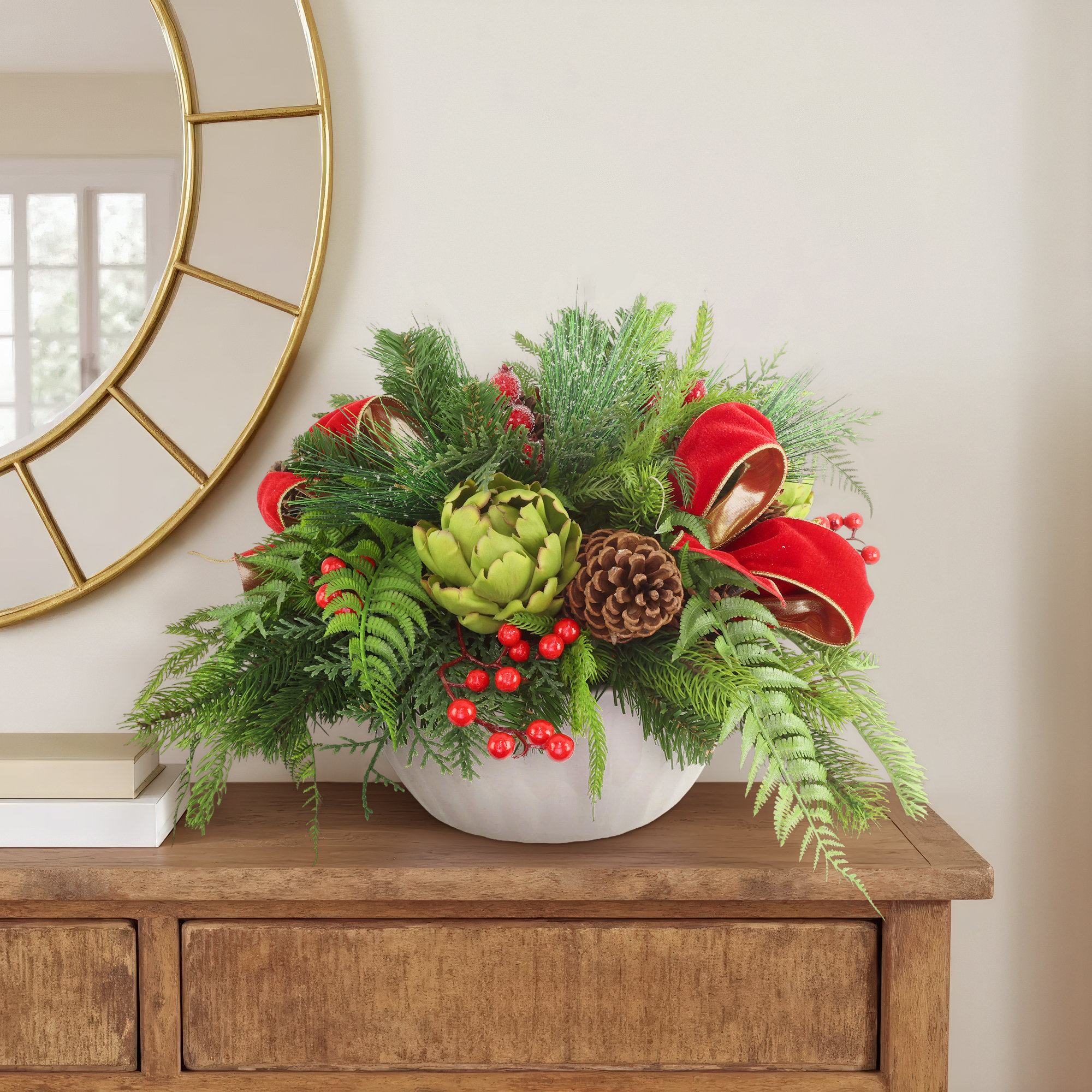 Holiday Centerpiece with Evergreens, Ferns, Artichokes and Berries