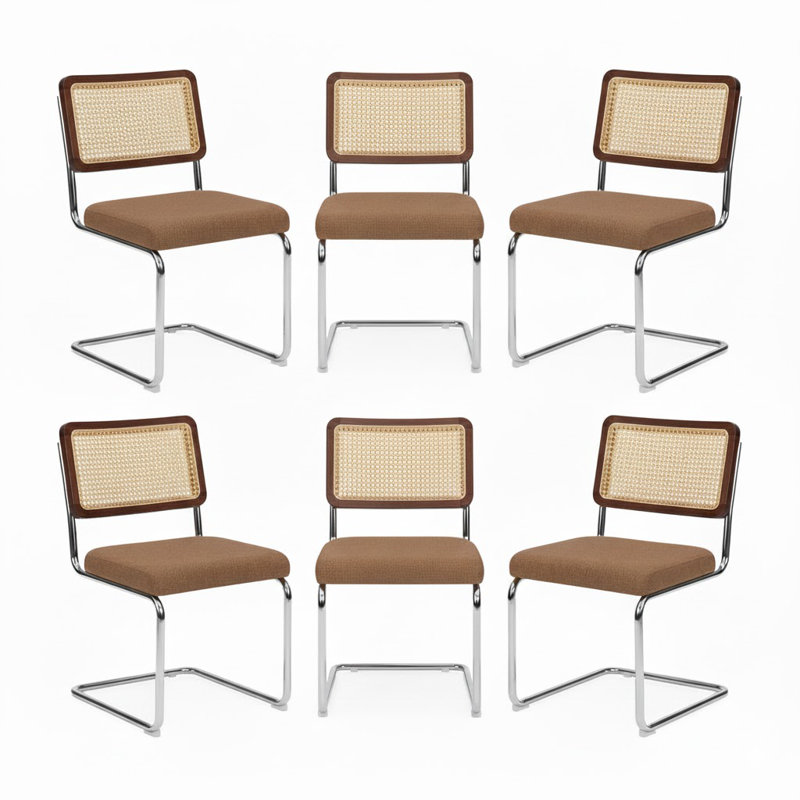 Modern Linen Dining Chairs Set Of 6, Rattan Back & Chrome Base,Coffee, Linen Coffee