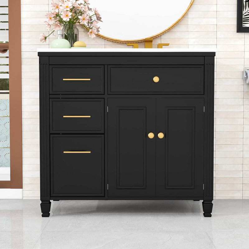 Meuble-lavabo avec lavabo en céramique, 3 tiroirs latéraux et tablette réglable, Noir
