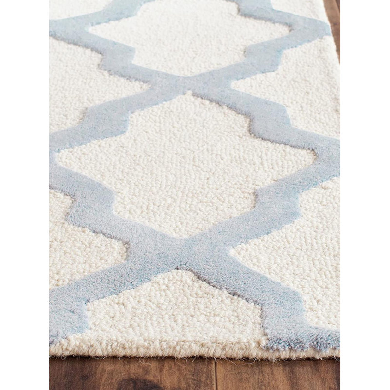 Cannen Hand Tufted Wool Geometric Rug, Runner 2'6" x 6', Ivory/Light Blue