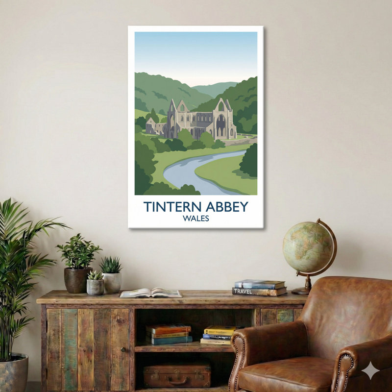 Tintern Abbey, Wales - Romantic Wye Valley Travel Poster Of Gothic Ruins And River. Giclee Print On Wrapped Canvas. Wall Art, Home Decor - Religious & Cultural Sites, Wales - Wrapped Canvas Print