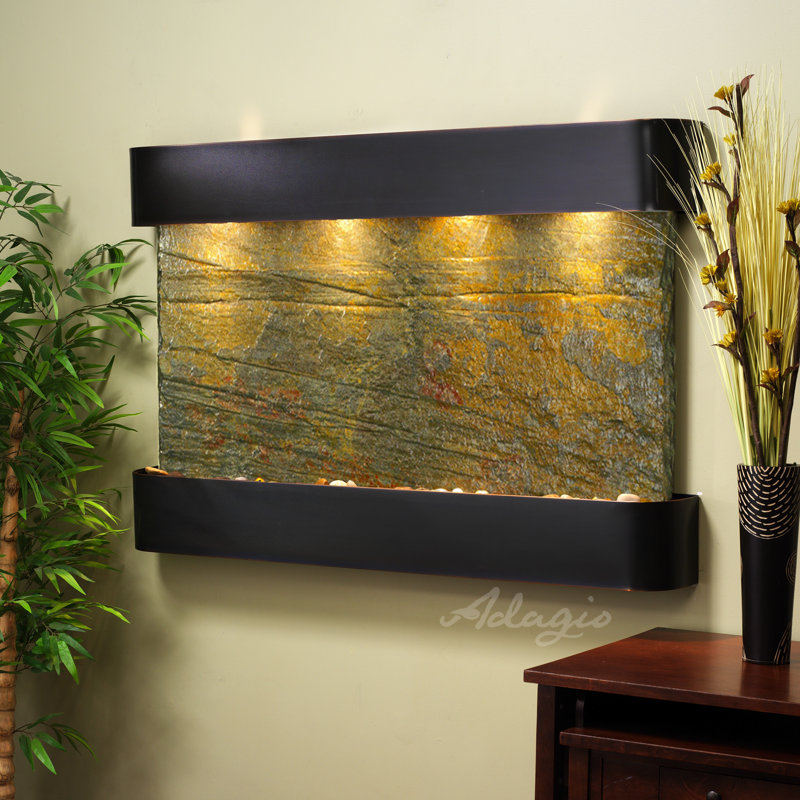 Indoor Acrylic Waterfall Fountain with Lights, Blackened Copper, Green Slate