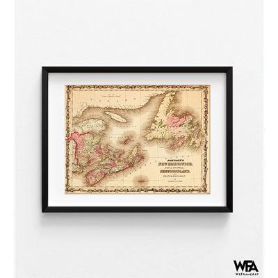 Nouveau-Brunswick et Terre-Neuve, reproduction de carte antique du Canada en 1862, art mural chalet rustique canadien, affiche canadienne, décor de bureau