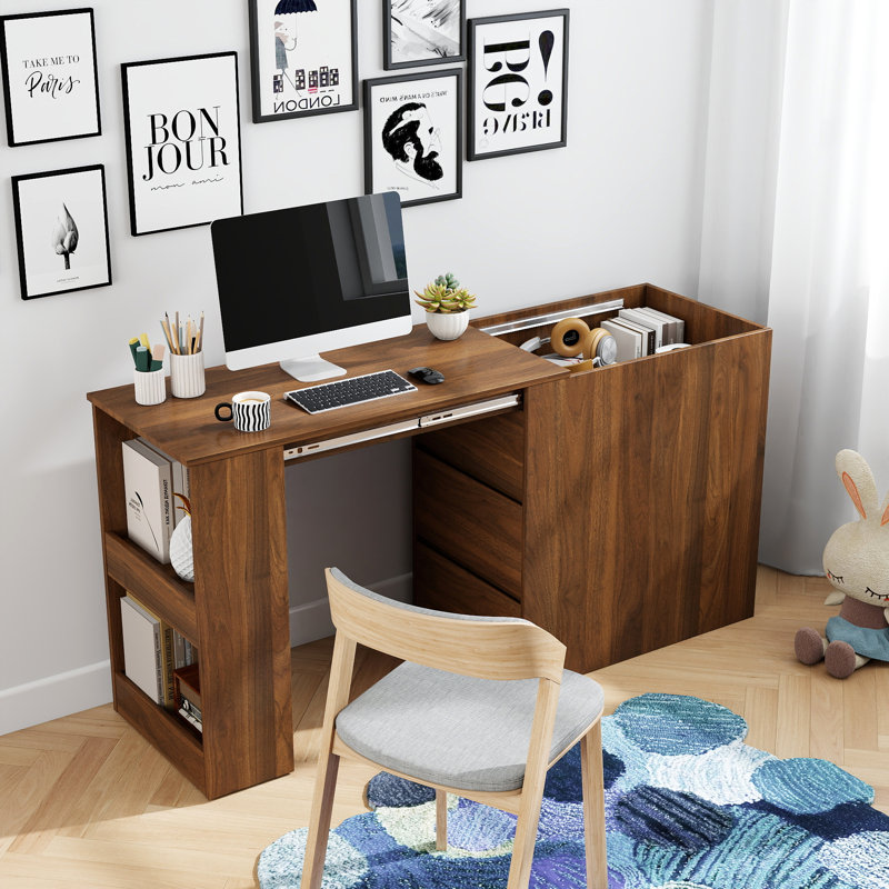 Bureau d'ordinateur convertible 59 po avec tiroirs, tablettes latérales et armoire de rangement 59 po