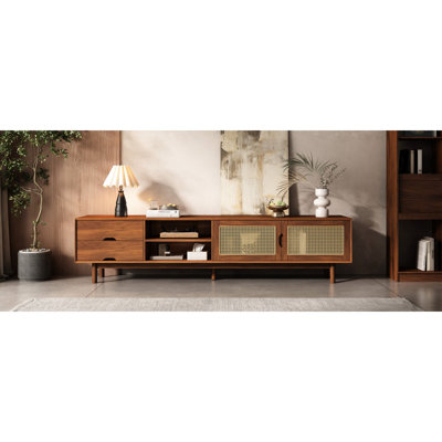Console multimédia avec pieds avant et en bois massif, 78 pouces pour un maximum de 85 téléviseurs, meuble télé compatible avec le salon Modern Entertainment Solution, portes idéales