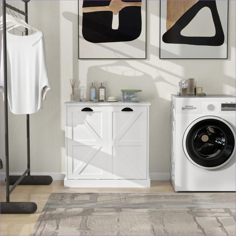 Armoires | Armoire à linge inclinable moderne à 2 compartiments, blanc cassé, anti-basculement, capacité de charge de 100 lb | Panneau de fibres à densité moyenne | Salle de lavage
