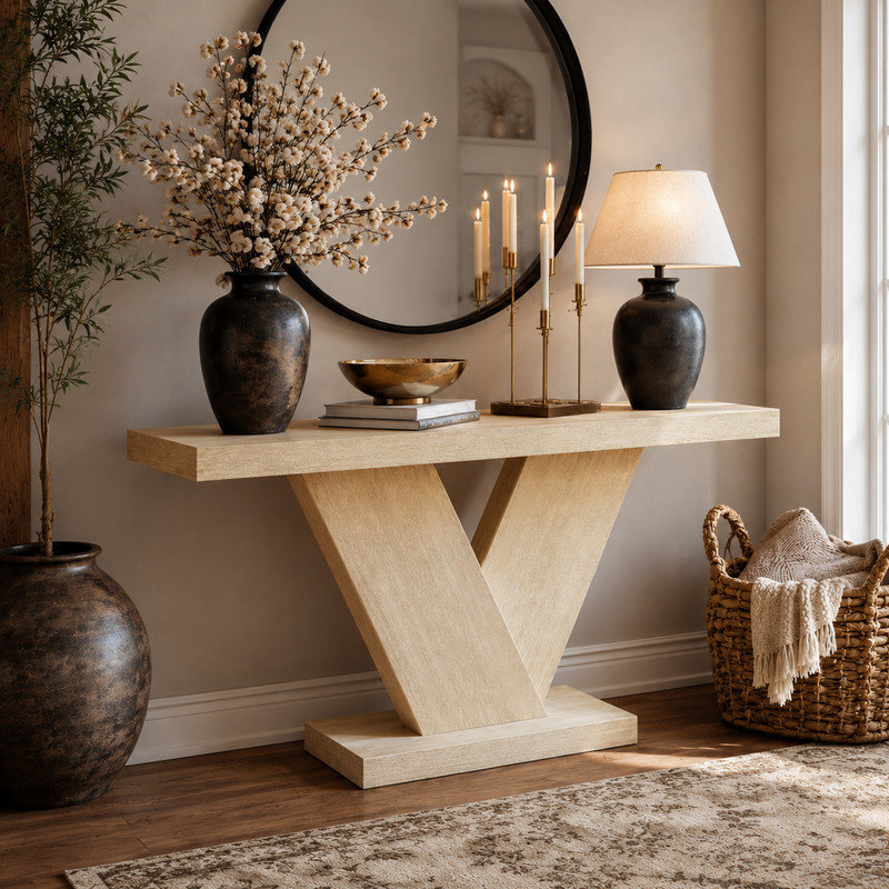 Console en L 66 po avec pieds en X et placage de bois massif, table d'entrée robuste pour petit espace, Imitation chêne