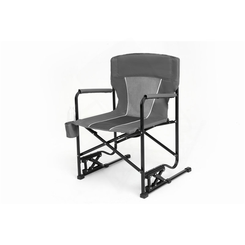Chaise berçante de camping à bascule pliante pour l'extérieur avec accoudoirs solides et durables, porte-gobelet et dossier confortable - Gris