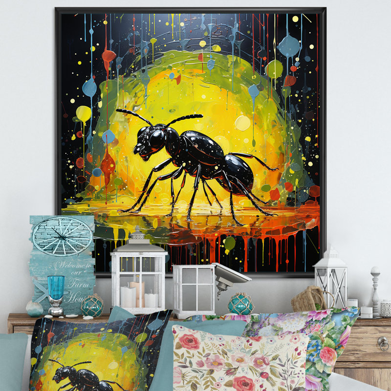 Neon Pioneers, fourmi noire sur toile, Cadre flottant noir, H 36 po x l 36 po x P 1,5 po