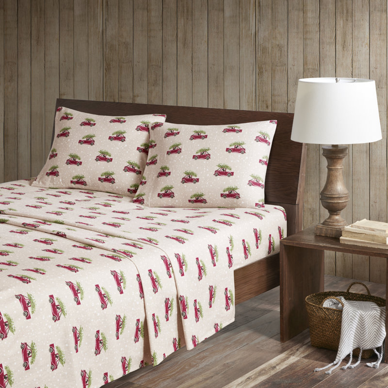Ensemble de draps 100% flanelle de laine Woolrich, Ensemble de draps pour lit simple avec 1 taie d'or, Tan Cars