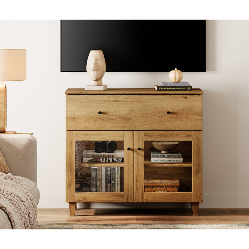  Meuble télé avec tiroir et porte vitrée pour téléviseur de 55 po ou moins, brun, Brun