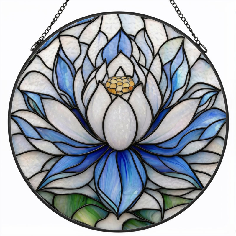 Vitrail de vitrail bleu 7,8 po Lotus, H 7,8 po x l 7,8 po