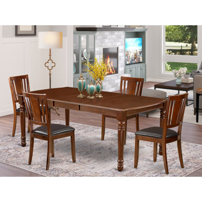 Ensemble de 5 pièces pour 4 pièces comprenant une table de salle à manger rectangulaire avec rallonge papillon et 4 chaises de salle à manger en similicuir, acajou