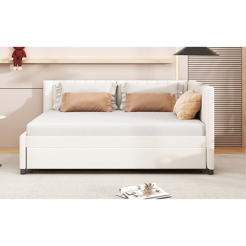 Size Upholstered Daybed With Trundle, Beige Linen, No Box Spring, Stable And Relaxing Frame Linen Fabric, Spring Requirement, Robust Long-Lasting Bed