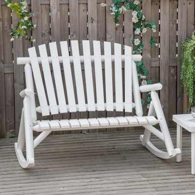 Chaise berçante d'extérieur en bois, chaise berçante Adirondack rustique pour deux personnes avec siège à lattes, dossier haut, accoudoirs pour patio, jardin et porche