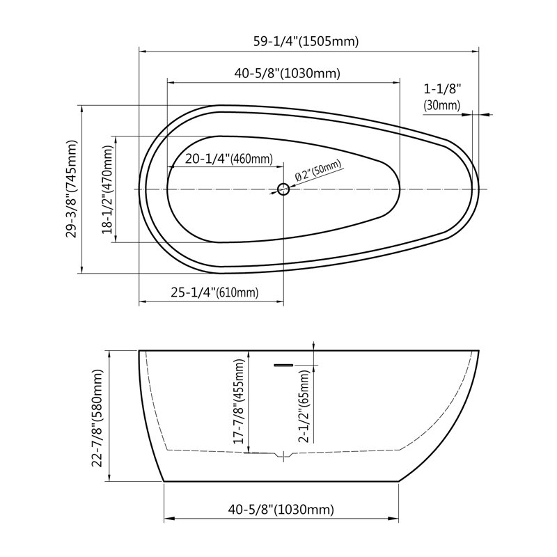 59'' x 29'' Freestanding Soaking Acrylic Bathtub