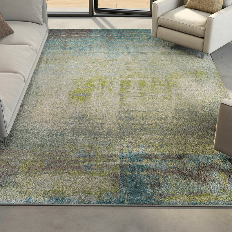 Tapis bleu / vert mousse Leonidas, Rectangle 3 pi 3 po x 4 pi 11 po