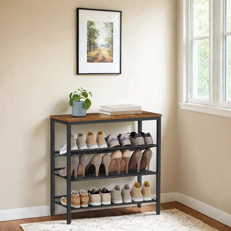 4 Tier 12 Pair Shoe Rack 29“W with adjustable shelves, Brown/Black, 29.8" H x 29" W x 11.4" D
