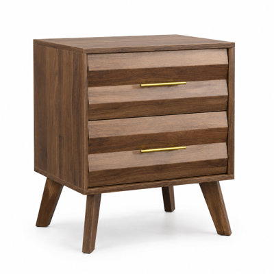 Table de chevet 19,7 po Mid-Century moderne en noyer avec 2 tiroirs et pieds en pin pour chambre à coucher, petits espaces