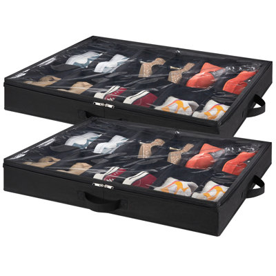 Ensemble de rangement pour chaussures sous le lit, ensemble de 2 boîtes à chaussures pliables en tissu avec couvercle transparent, sac de rangement transparent pour fenêtre avec 2 poignées, pour un total de 24 paires de chaussures, noir