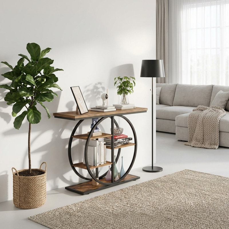 Console industrielle étroite avec plusieurs tablettes de rangement et base ronde stable, mobilier d'appoint multifonctionnel