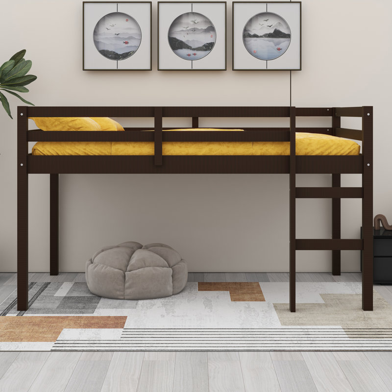 Solid Wood Bed Frame With Ladder, Wood Slat Support, Espresso