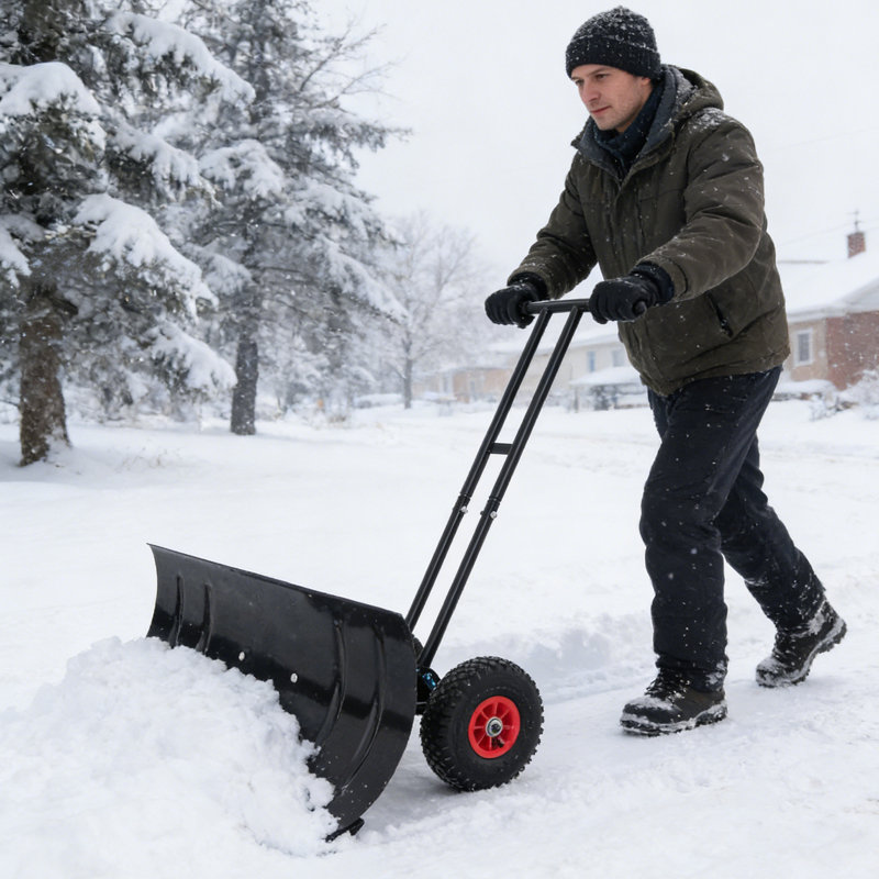 Poussoir à neige robuste en métal avec roues, lame inclinée à 5 positions et poignée réglable