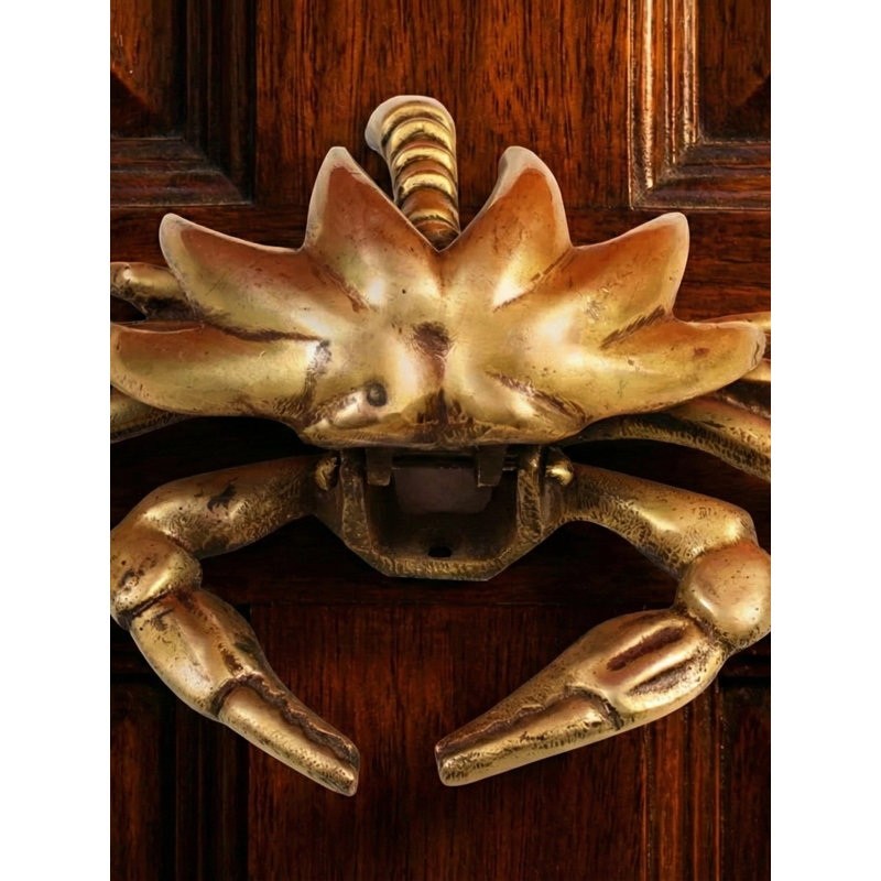 7" Handmade Brass Crab Door Knocker | Nautical Coastal Hardware for Front Door Entrance | Indian Artisan Metal Decor, Gold