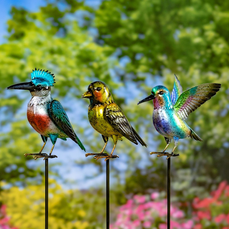 Assortiment de poteaux d'oiseaux en fer peints métalliques assortis (ensemble de 6)